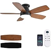 JSAITEE Ceiling Fans with Lights, 42 Inch Low Profile Ceiling Fan with Light and Remote/App Control, Flush Mount, Reversible, 3CCT, Dimmable, Noiseless, Brown Ceiling Fan for Indoor/Outdoor Use