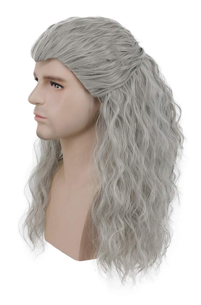 Photo 1 of karlery Adult Men Long Curly Wave Silver Gray Wig Halloween Cosplay Anime Costume Party Wig