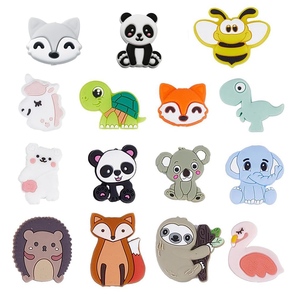 SUNNYCLUE 1 Box 15 Styles Silicone Beads Cute Animal Silicone Focal Beads Bulk Large Unicorn Honey Bee Fox Panda Chunky Flamingo Bear Rubber for Pens Lanyard Keychain Making Supplies — image 1