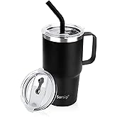 Sursip Insulated Coffee Mug with Handle and Lid, 24 oz Double Wall Vacuum Travel Thermal Coffee Tumbler with Straw for Home, Office Stainless Steel Coffee Cup - Leak proof, BPA Free (Black-1 Pack)