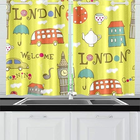 Amazon De Jiuchuan Grune London Hand Gezeichnete Kuche Vorhange Fenster Vorhang Ebenen Fur Cafe