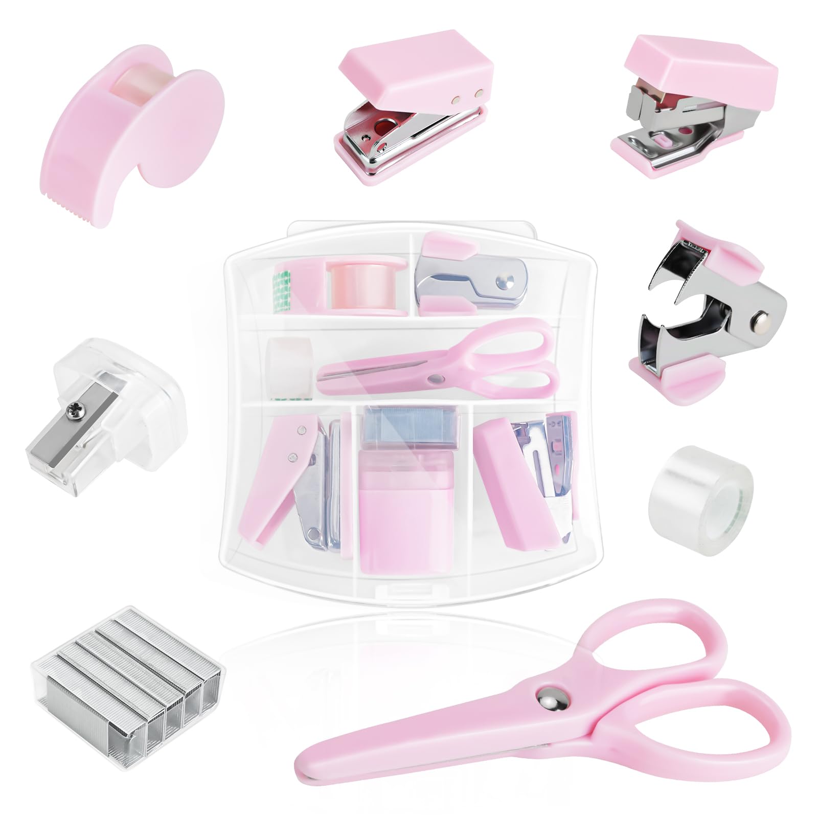 8 PCS Mini Office Supplies Kit, Cute Desk Accessory Set, School Stapler Set Includes Stapler, Scissors, Hole Punch, Staple Remover, Tape Sitter, Small Tape, Pencil Roller, Mini Scissors, 500 Staples