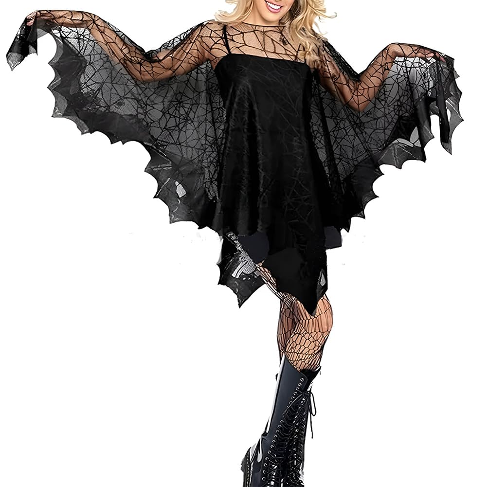 haozaikeji Halloween Black Web Cape for Women Ladies Spider Lace Witches Costume Mesh Black Poncho Cloak Shawl Fancy Dress Up for Halloween Party Cosplay Accessory Outfits Robe