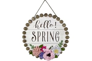 HOMirable Spring Decorations Hello Spring Wall Sign 3D Fabric Flowers Wall Plaque Rustic Farmhouse Wooden Decoration Round Vintage Hanging Signs Gift for Kitchen Living Dinning Room Bedroom 12" x 12"