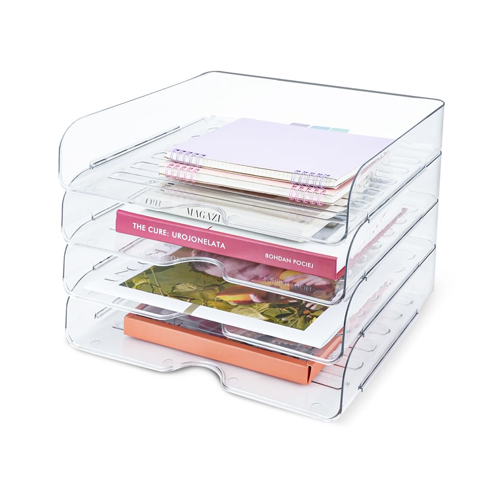 IBEQUEM 4 PCS Stackable Desk Letter Tray Set, Transparent Acrylic Paper Trays Holder, A4 Size File Organizer, Multifunctional Tidy Filing Storage Rack for Office Desk