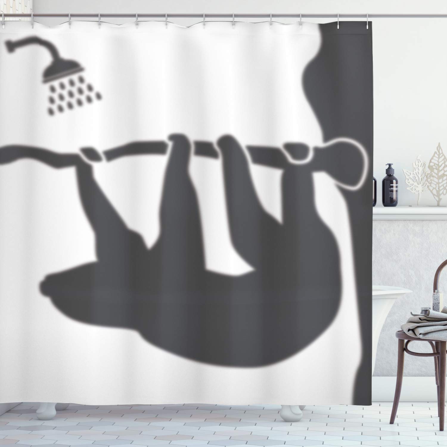 ABAKUHAUS Sloth Shower Curtain, Animal Silhouette Hanging from a Tree Branch Showering Funny Forest Life, Cloth Fabric Bathroom Decor Set with Hooks, 175 x 180 cm, Anthracite Grey White