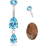 LOAYHOAY 14G G23 Pure Titanium Dangle Belly Button Ring for Women Dangling CZ Navel Ring Teardrop Curved Barbell Belly Rings Internally Threaded Belly Piercing Jewelry