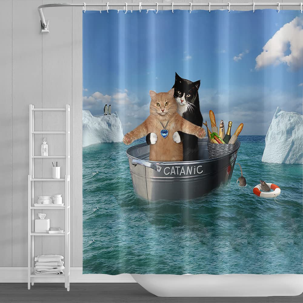 SDOTPMT 105x160cm Cute Cat Shower Curtain Funny Pet Kitty Couple Cosplay Boat South Pole Penguin Bath Curtain Blue Ocean Bathtub Curtain for Kids Bathroom Fabric Polyester Waterproof with Hooks