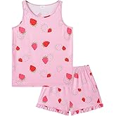 Hupohoi Girls Sleeveless Pajamas Vest Tank Top and Ruffle Shorts Sleepwear Outfits 2pcs Cute Printed Soft Sleepwear
