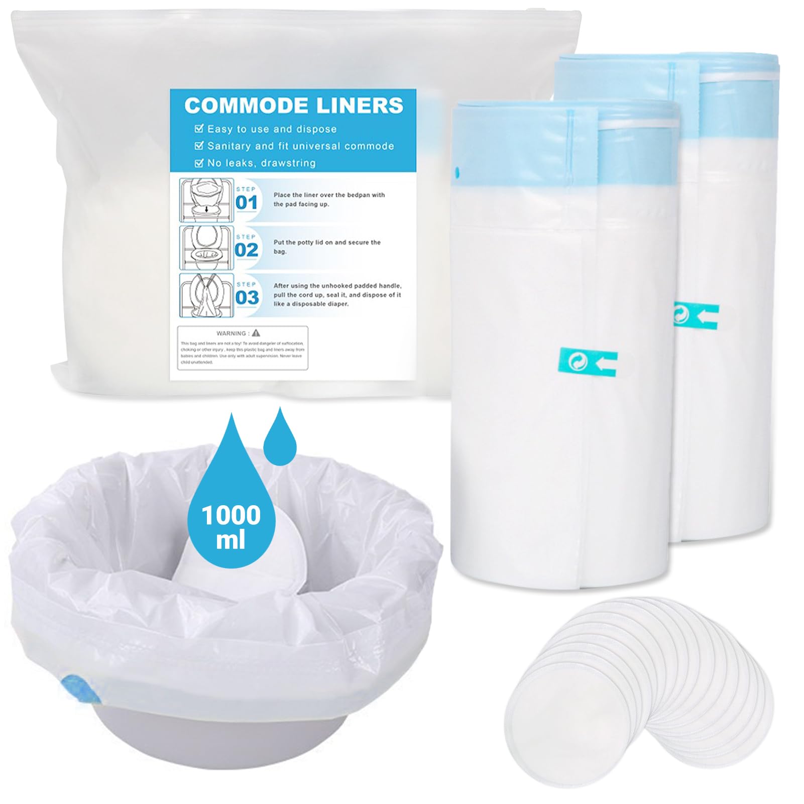 Commode Liners with Absorbent Pad, 80 Pack Commode Bags Portable Toilet Bags Disposable Waste Bags Universal Fit for Adult Commode Toilet Chair (40Bags + 40Pads)