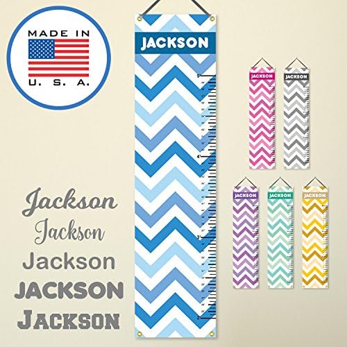 WallClipz Personalized Hanging Growth Chart, Vinyl Banner Sign, Blue Chevron Block with Name, Height Ruler Measurement, Nursery Wall Decor Baby, MADE IN USA