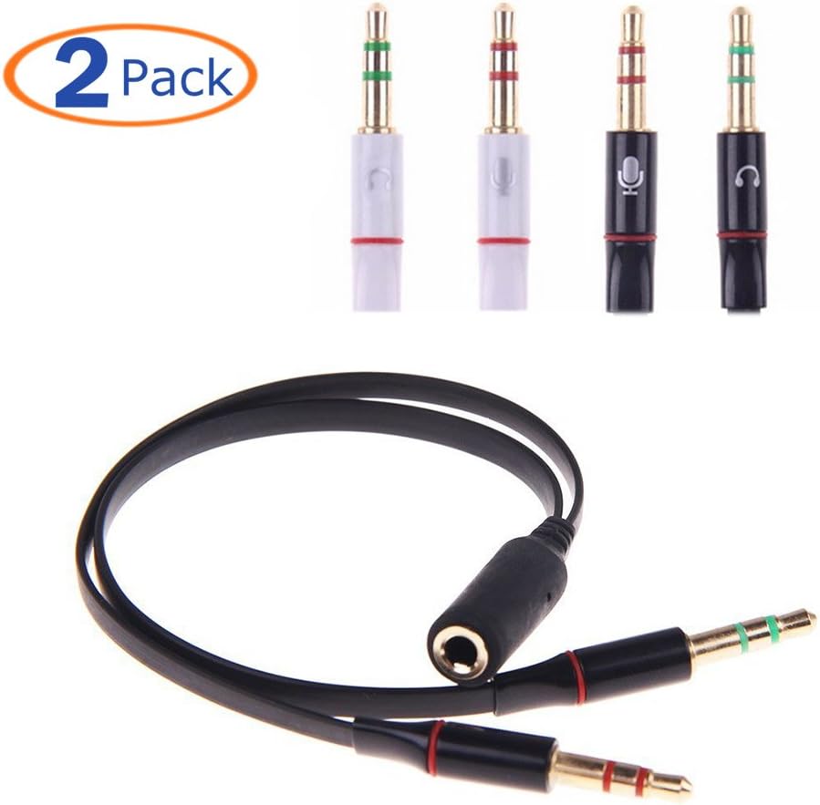 Conwork 2-Pack Stereo 3.5mm Female to Dual Male Mic Audio Y Splitter Cable Extension Cord for PC (1 Black + 1 White)