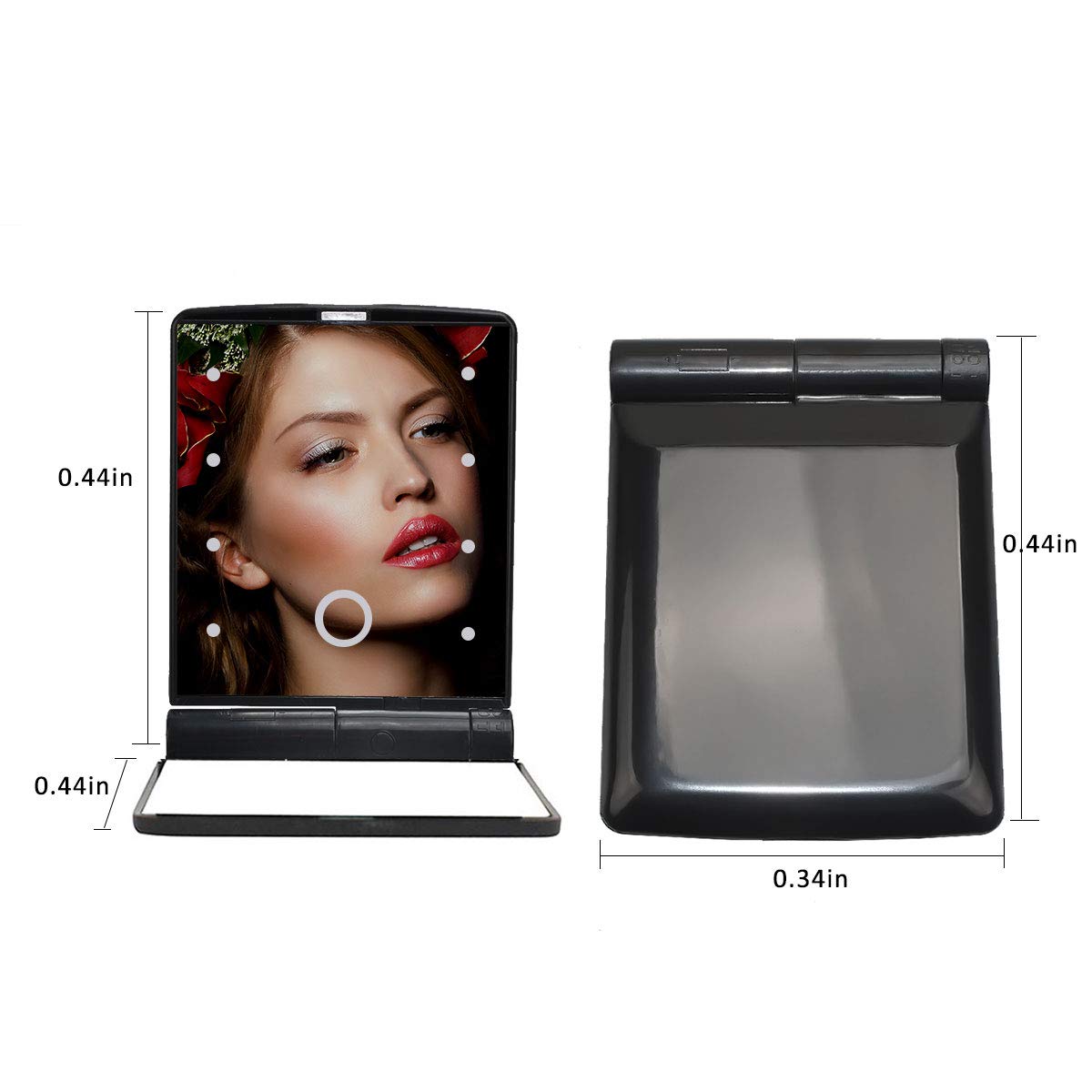 Mirror with Lights Makeup Mirror with 8 LED Adjustable Makeup Mirrors with Lights, Including Button Battery, Touch Screen Switch, Portable, Folding,Magnification Compact Mirror, Traveling(Black): Kitchen & Dining