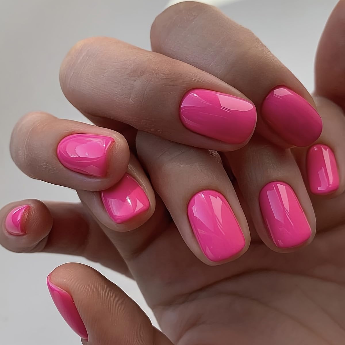 Hot Pink Press on Nails Short Square Fake Nails Pink False Nails with Designs Solid Colour Acrylic Glossy Full Cover Glue on Nails Press ons Cute Artificial Stick on Nails for Women Manicure 24 Pcs - Image 2