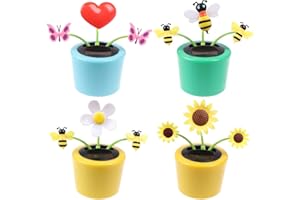 WELECOM 4 Solar Dancing Bee Toy Solar Powered Dancing Flower in Colorful Pots Swinging Heart Sun Flower Flip Flap Animated Bobblehead Dancer Window Rose Sun Catcher Car Dashboard Decor Portable Suncatchers