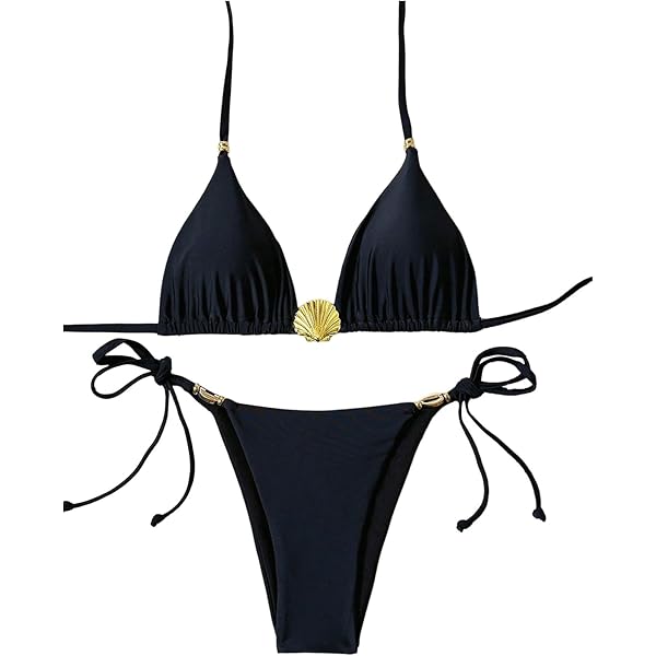 MakeMeChic Women's Printed Bikini Set - Halter Triangle Top & Tie Side Thong Bottom