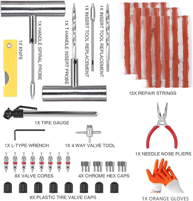 Kit de réparation de pneus - 48 pièces - Kit de réparation de pneus avec connecteurs universels - pour réparation de crevaisons et Bouchons - pour Voiture, Moto, Camion, Tracteur, remorque (48