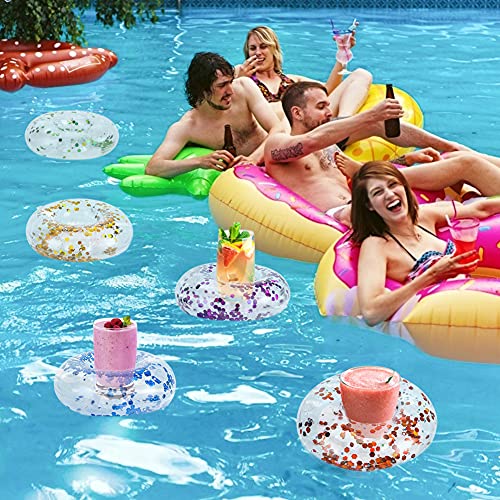 FUTUREPLUSX Inflatable Drink Holder, 12PCS Sparkling Confetti Drink Pool Floats Cup Holder Floats Inflatable Floating Coasters for Pool Party Water Fun Kids Bath Toys Shower
