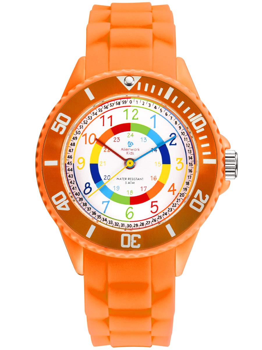 Alienwork Kids Children's Teacher Watch Girls Orange Silicone Strap Multi-Coloured Children's Kid Waterproof 5 ATM Learning Time