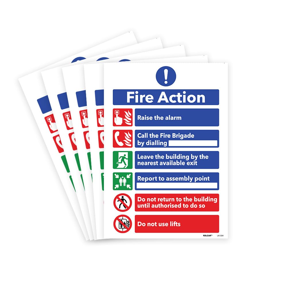 RDLCAR Fire Action Notice Signs 1mm Rigid Plastic Pack of 5 Essential Fire Safety Signage for Businesses and Public Spaces 200mm x 300mm Weatherproof Design