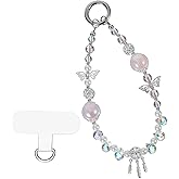 Matwsec Crystal Phone Wrist Strap for Women, Beaded Wrist Strap Chain Lanyard Keychain for Cellphone Sparkling Phone Charm with Tether Tab Hands-Free Wristlet Bracelet Straps Pink