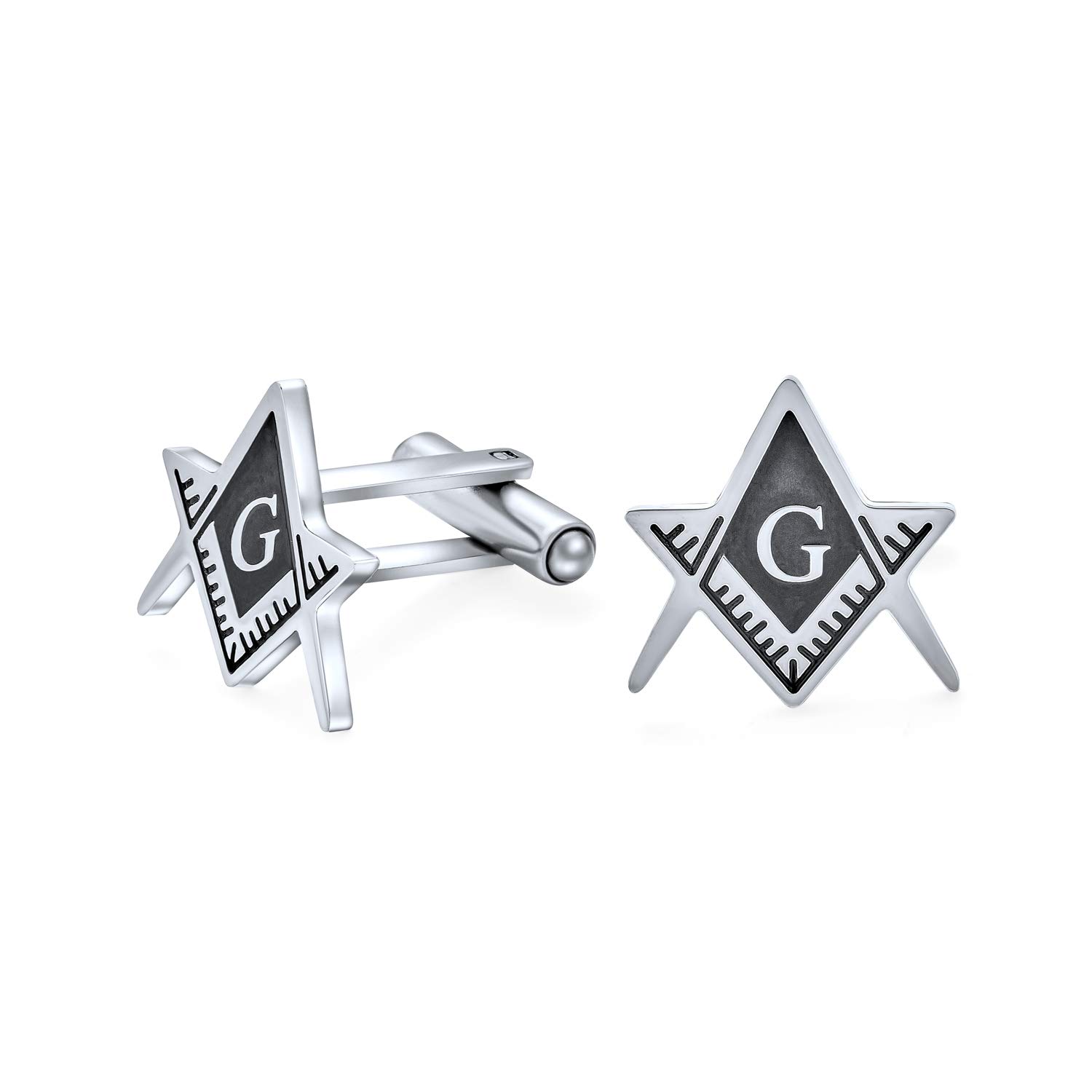Freemasons Compass Symbol Masonic Cufflinks For Men Two Tone Silver Tone Black Enamel Stainless Steel Hinge Bullet Back