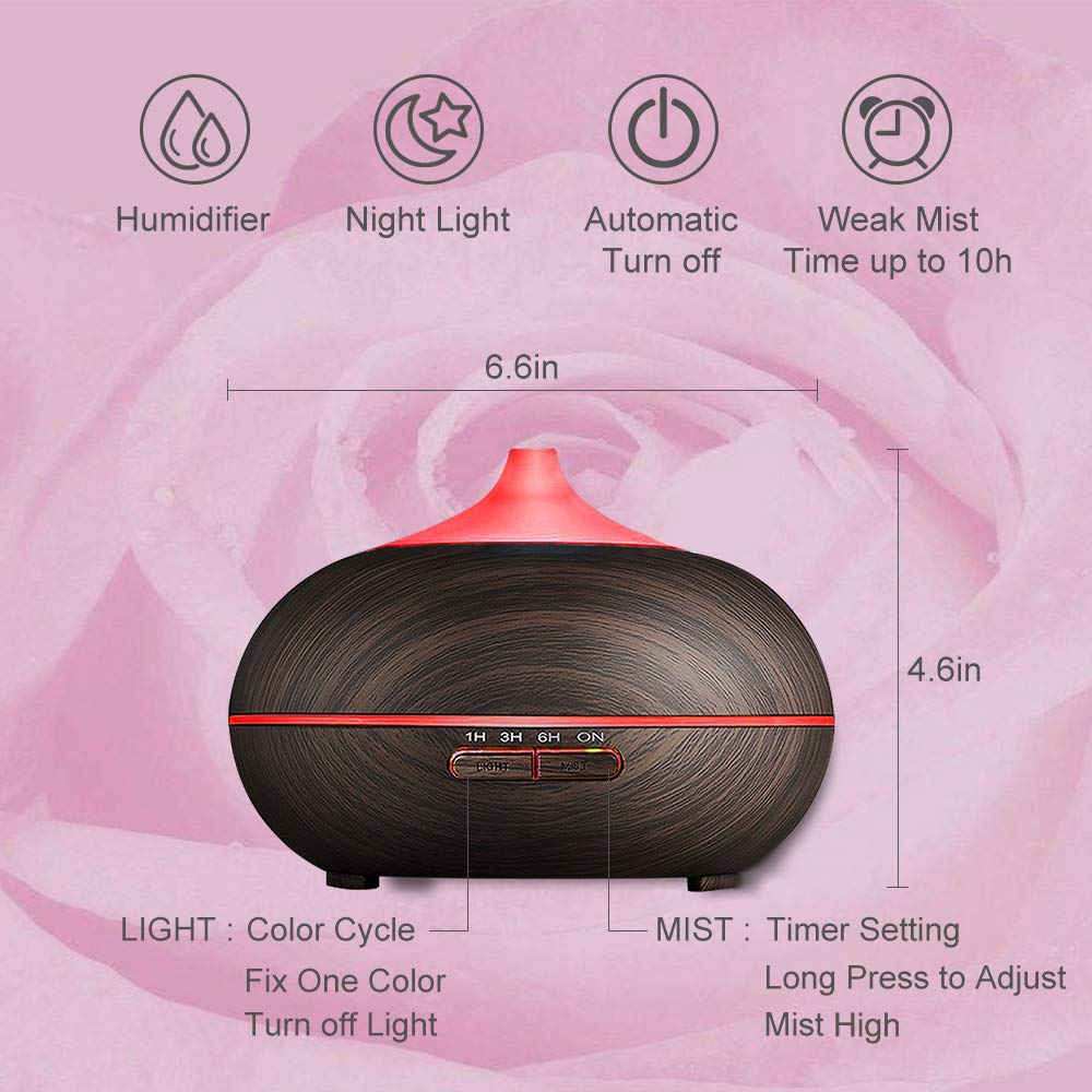 POWERIVER Aroma Essential Oil Diffuser 300ml for Aromatherapy with Adjustable Mist Modes Humidifiers with Auto Shut-off, Changing Colored LED Lights for Home, Spa, Baby Room, Office (24 Black)
