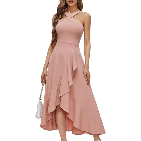 Womens Formal Classy Halter Neck Midi Chiffon Dress Hi-Low Hem Tiered  Ruffle Flowy Swing Dresses Cocktail Ball Gown Army Green at Amazon Women's  Clothing store