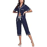 COLORFULLEAF 100% Cotton Women's Pajama Sets Short Sleeve Capri Pajamas for Women Set Button Down Pjs Soft Sleepwear Summer