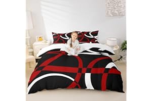 CASTLE FAIRY Retro Circle Duvet Cover Queen Size Red White Black Comforter Cover with 2 Pillowcase for Teens Adults Kids Stripe Line Art Bedding Set Geometric Modern Breathable 3 Pcs Decorative Bed Cover