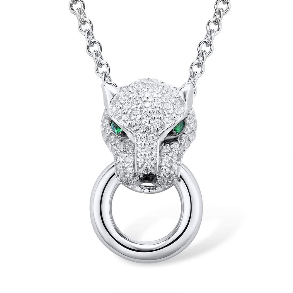 Namana Stunning Panther Necklace for Women. 925 Sterling Silver Pendant Necklace for Women with Green and White Cubic Zirconia Gemstones with a Panther Motif. Sterling Silver Necklace for Women