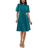 Sharagano Womens Sharkskin Button to Hem Shirtdress with a Blouson Sleeve, Pockets and Self Tie Belt
