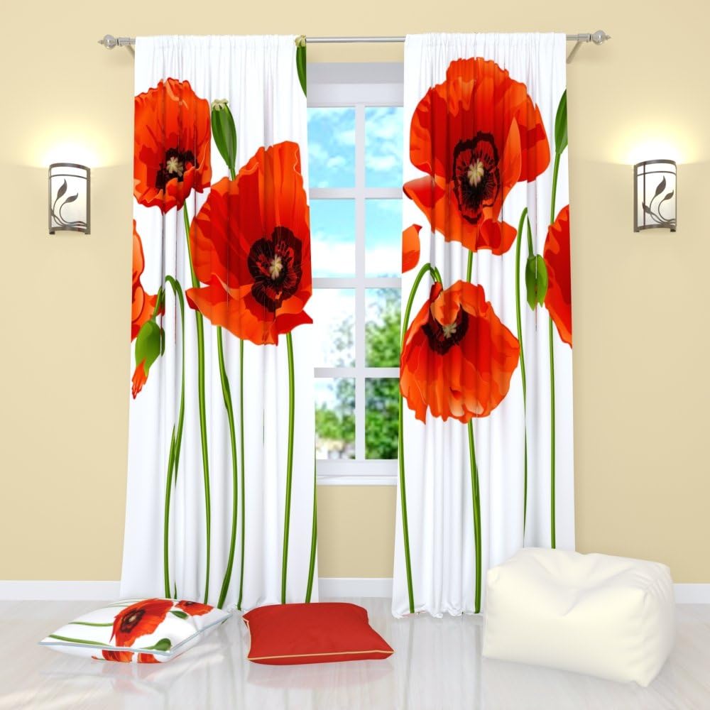 Factory4me White Curtains Red Poppies. Window Curtain Set of 2 Panels Each W52 x L96