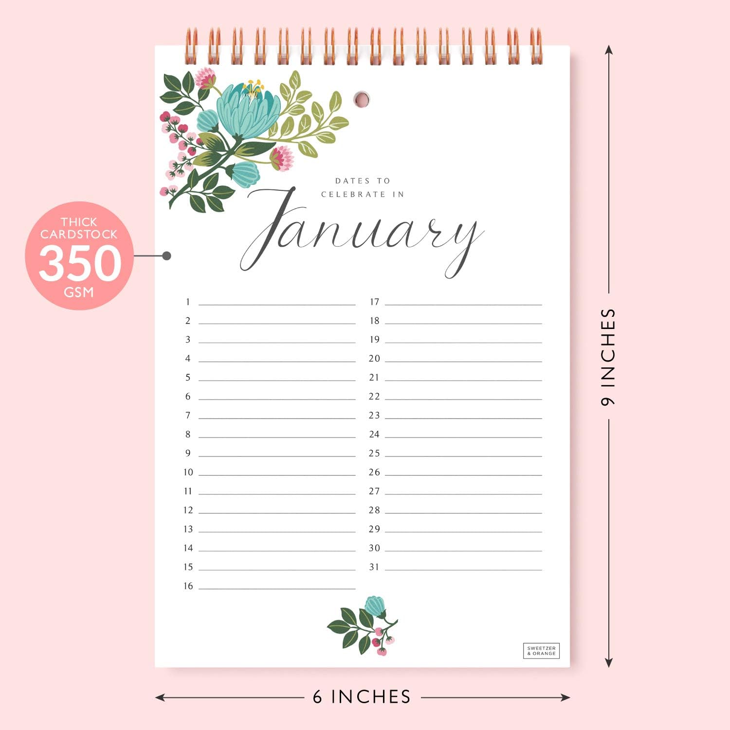Sweetzer & Orange Perpetual Calendar. 12 Month Office or Family Wall Timetable. 6x9” Floral Flip Scheduler Design. Timeless Birthday Calendar Wall Hanging - Image 3