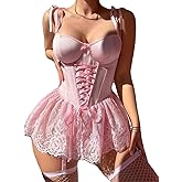 Gulinala Women Sexy Lingerie Set Underwired Lace Up Corset Bodysuit Babydoll Garter Lingerie With Stockings