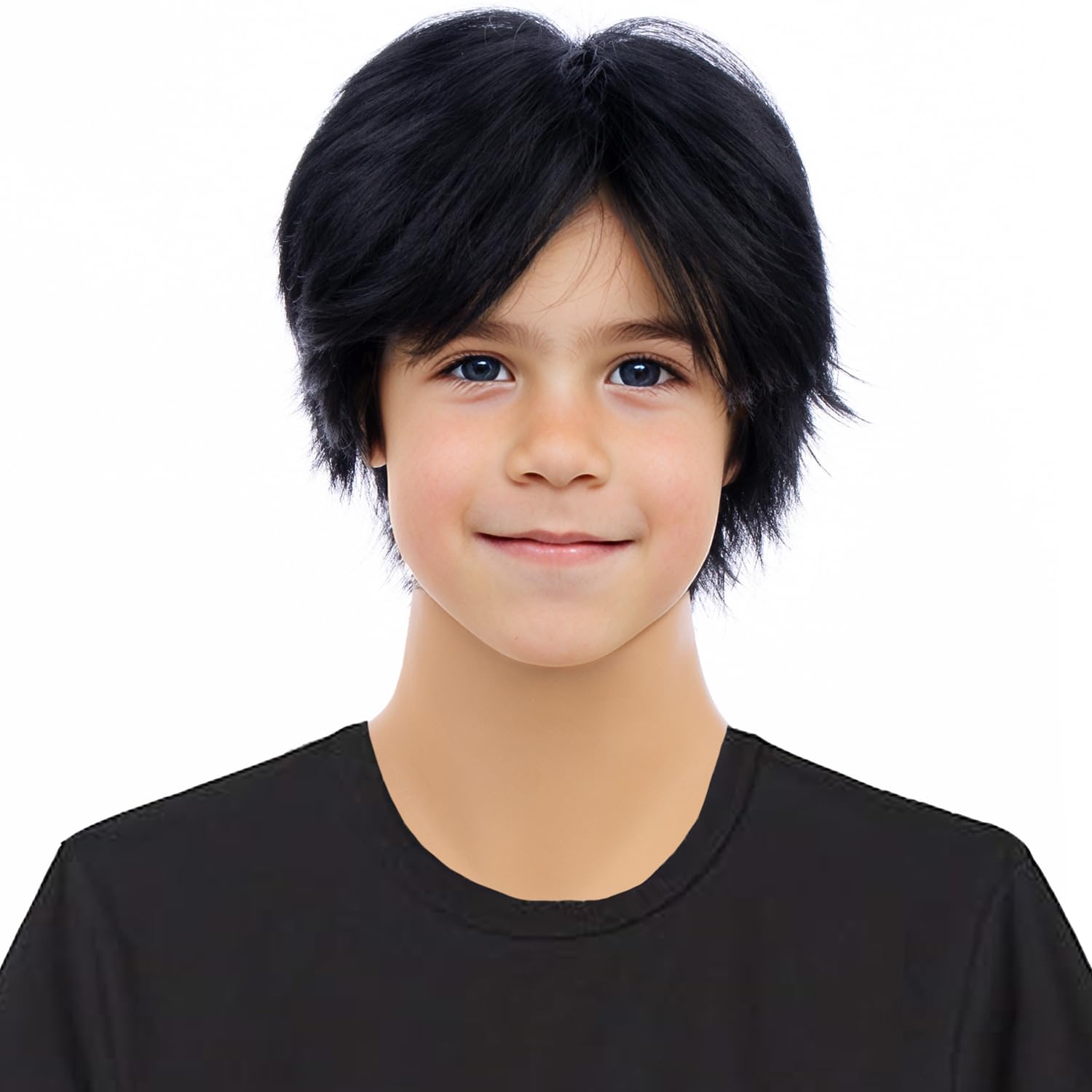 Photo 1 of PATTNIUM Short Black Wig for Kids Boys Straight Black Wig Heat Resistant Synthetic Wig with Wig Cap