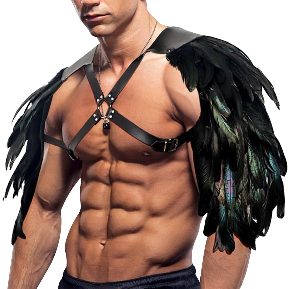 Qchomee Feather Leather Viking Shoulder Armor Adjustable Medieval Knight Pauldron Armor Retro Steampunk Shoulder Armor for Men Women Warrior Cosplay Costume Halloween Fancy Dress Up Party Accessories