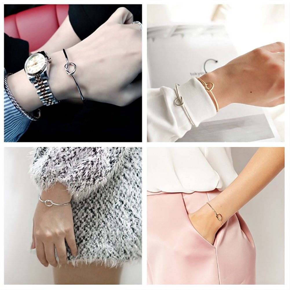 6 Pcs Simple Bangle Bracelet, Love Knot Bangle and Bow Knot Bracelet, Adjustable Cuff Bangle for Women Girls (Silver, Gold and Rose Gold)