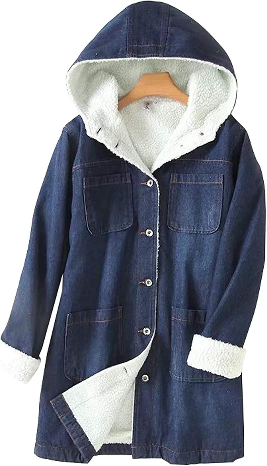 Frieed Women's Winter Windproof Sherpa Lined Midi Long Hooded Denim Coat Jacket: Amazon.co.uk 