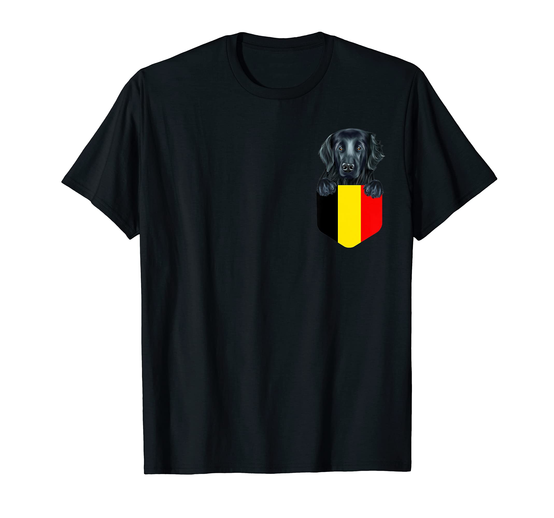 Belgium Flag Flat-Coated Retriever Dog In Pocket T-Shirt