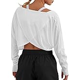 Fisoew Womens Long Sleeve Workout Tops Athletic Shirts Cropped Crossover Back Loose Running Gym Tee with Thumb Holes