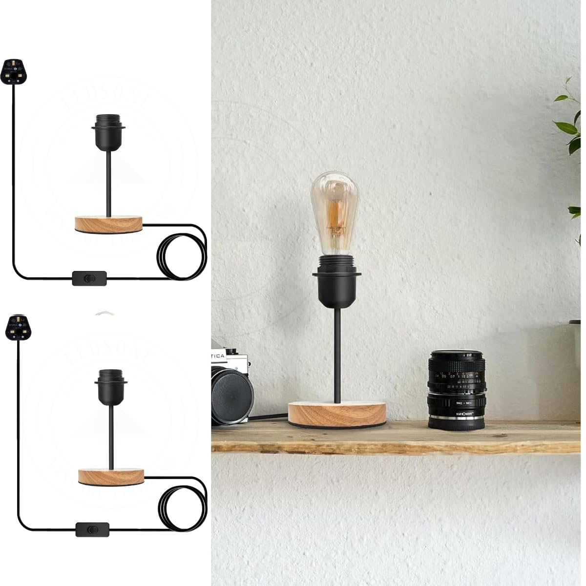 LEDSone 2 x Wood Small Lamp E27 Base Table Lamp with Plug in Cord On/Off Switch Vintage Small Desk Lamp Edison Lamp Table Lamp Holder for Home Lighting Decor