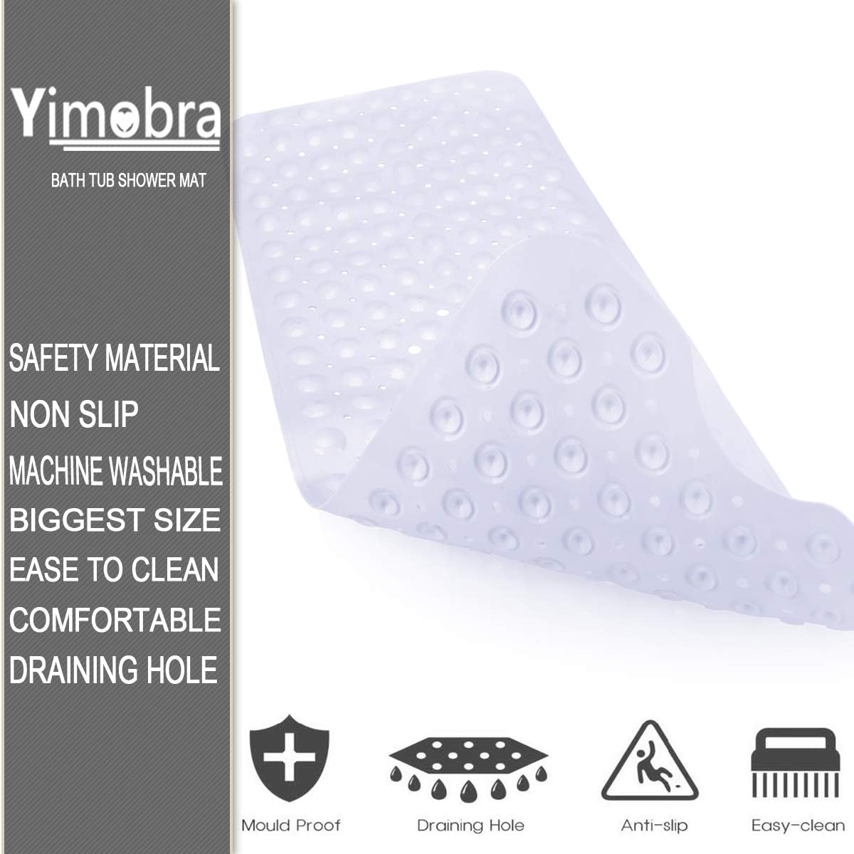 Yimobra Original Bath Tub Shower Mat Extra Long 16 x 40 Inch, Non-Slip with Drain Holes, Suction Cups, Phthalate Free, Latex Free, BPA Free and Machine Washable Large, Bathroom Mats, Clear Blue: Home & Kitchen