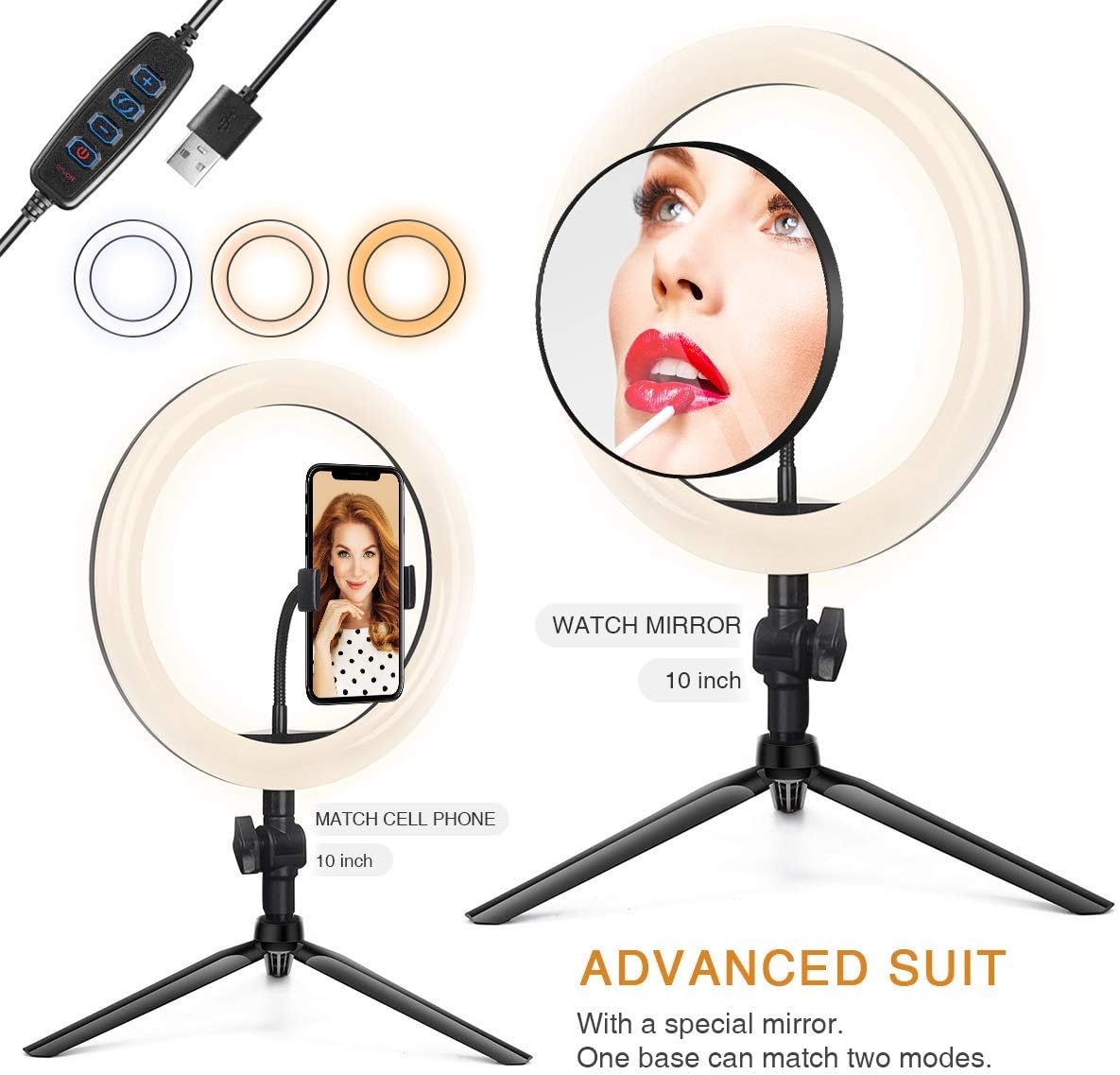 LED Ring Light,10in with Tripod Stand for Video and Lighted Makeup Mirror Cell Phone Holder Desktop LED Lamp with 3 Light Modes - Lighted Vanity Makeup Mirror; 5X Magnification (Plastic Mirror)