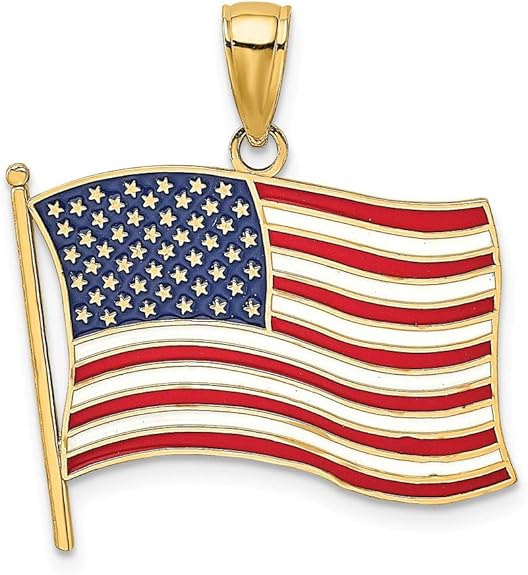 14K Yellow Gold with Enamel American Flag Charm Pendant