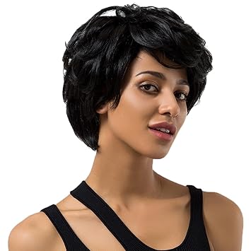 Magideal Human Hair Wig Black Fringe Wavy Oblique Bangs