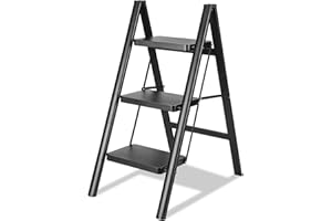 TOOLITIN 3 Step Ladder, Folding Step Stool for Adults with Wide Anti-Slip Pedal, Lightweight, Perfect for Kitchen& Household, Library Office,330lbs Capacity Sturdy Steel Ladder,Black