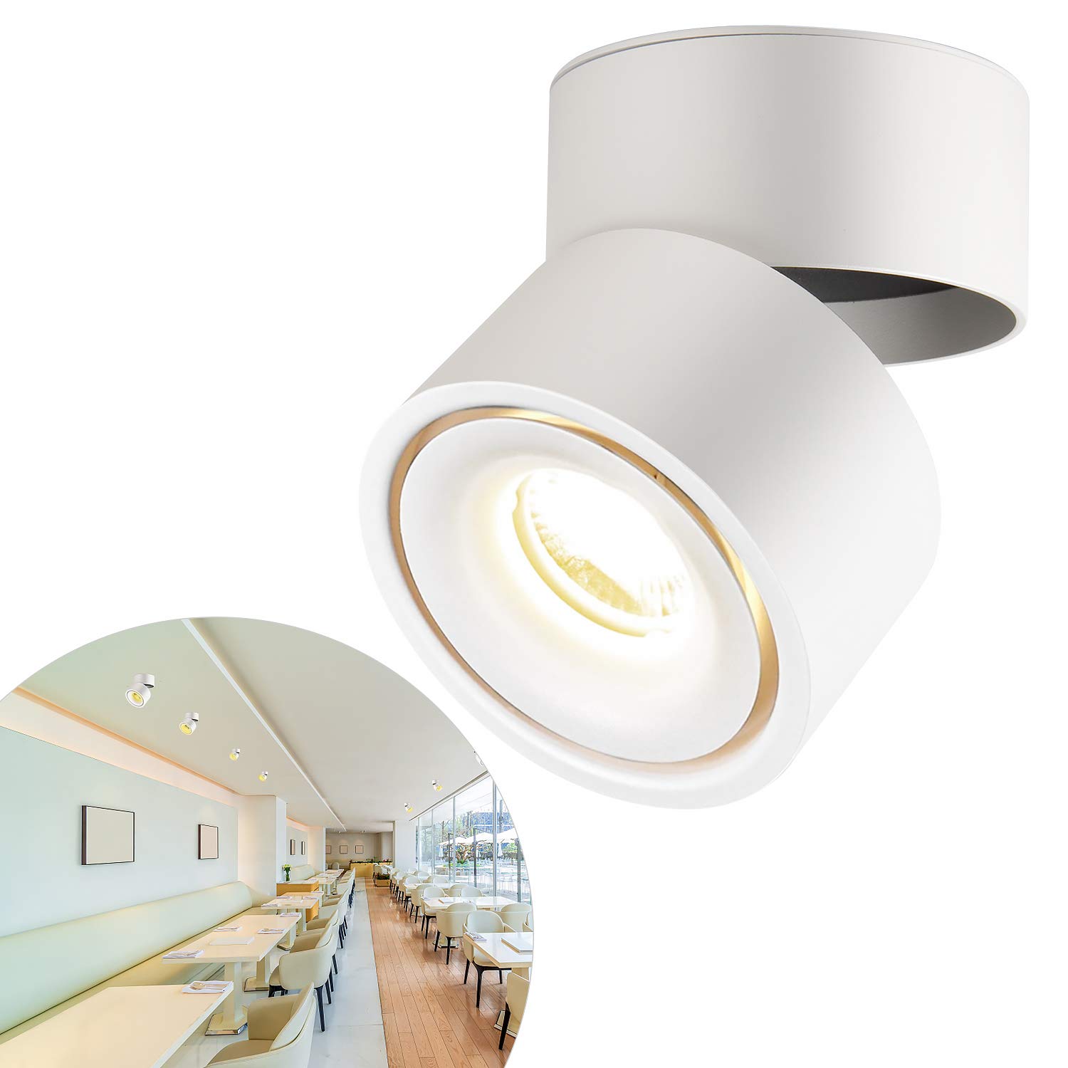 CPROSP 10W Ceiling Spotlight Indoor Rotatable, COB LED Chip, 10 * 10 CM, Natural White 4000 K, White, Lamp for Kitchen, Living Room