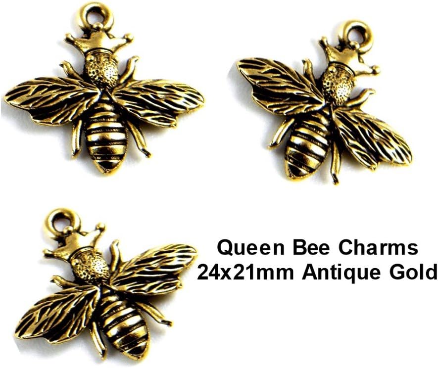 PlanetZia 5pcs 24x21mm Queen Bee Charms For Jewelry Making TVT-3612-1 (Antique Gold)
