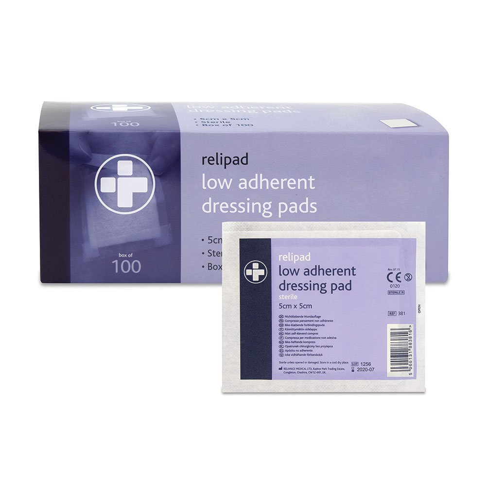 Reliance Medical Relipad First Aid Sterile Dressing - Low-Adherent, Absorbent Dressing Pads for Minor Abrasions, Lacerations and Wounds, 5 cm x 5 cm, Pack of 100 — image 1